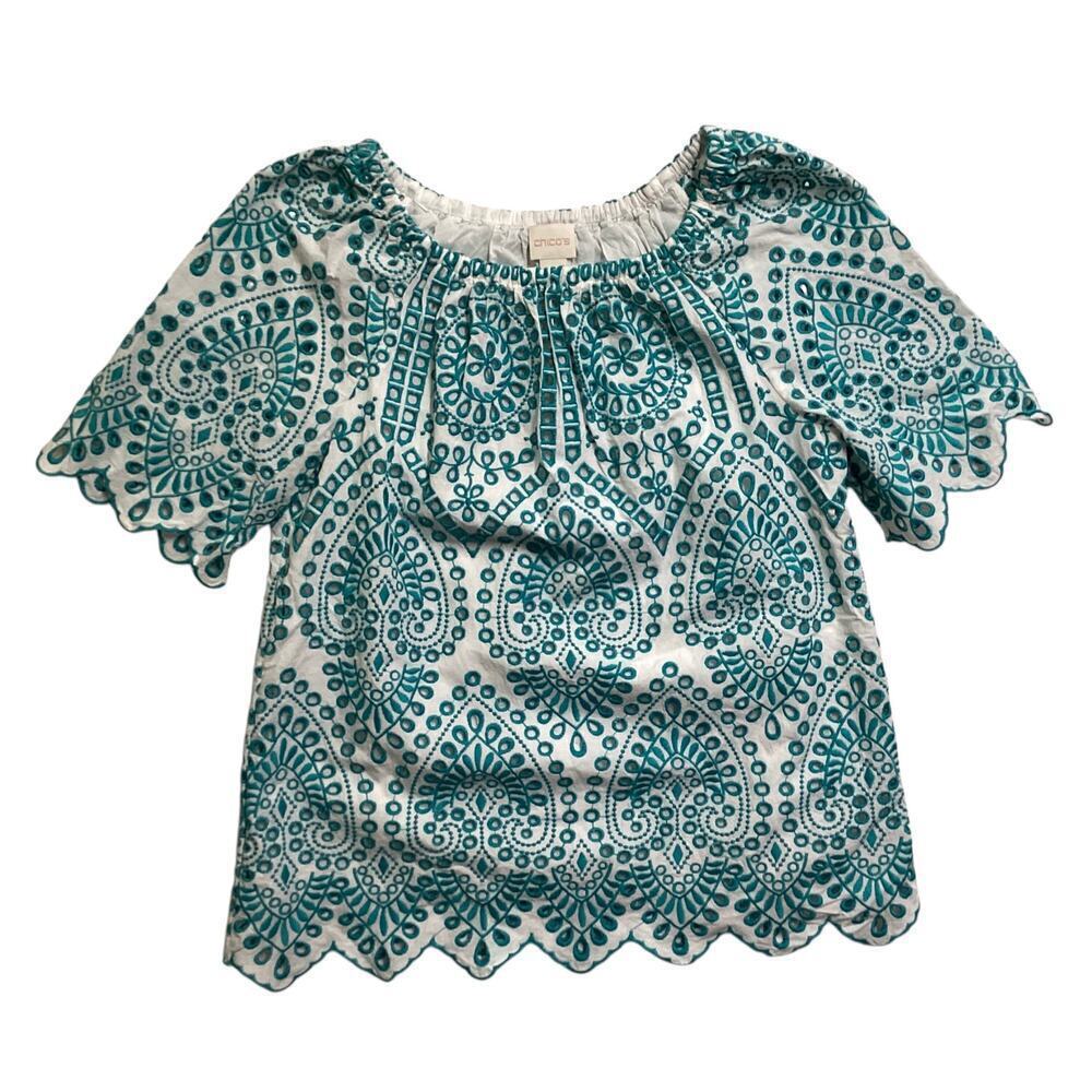 Chico's White Teal Embroidered Eyelet Blouse Top Cotton Scalloped Lined sz 0